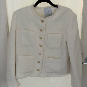 Mango White Tweed Textured Jacket with Gold buttons